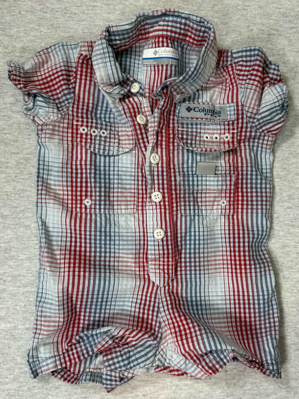 Columbia PFG Baby Fishing Plaid Romper Red/White/Blue - 0–3M